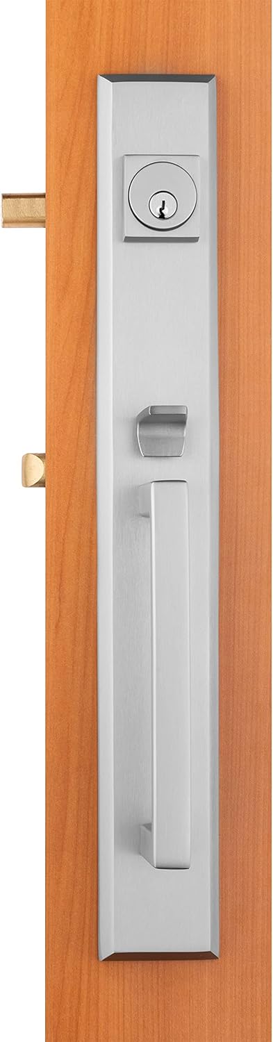 Rockwell Security Premium Lumina Delta Lever Entry Door Handle Set Brushed Nickel Finish Fits 5-1/2 Inch Double Bore Doors with Adjustable Bottom Screw Hole