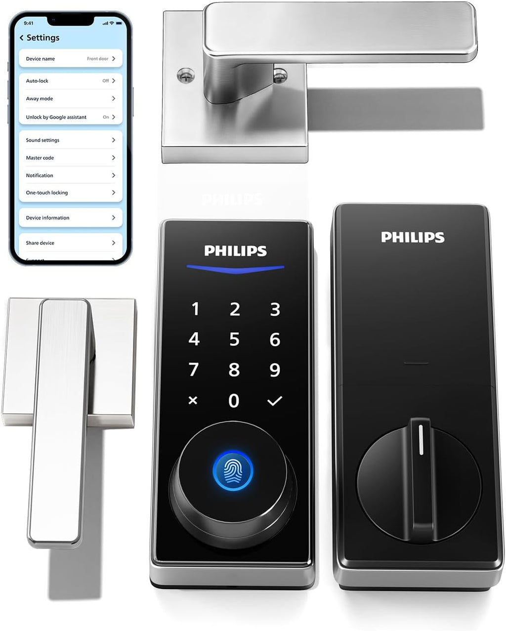 Philips Smart Lock with Handles, Smart Door Lock with 2 Level Handles, Keyless Entry Door Lock Set, Digital Keypad Deadbolt for Front Door, App Fingerprint PIN Code Unlocking, Auto Locking