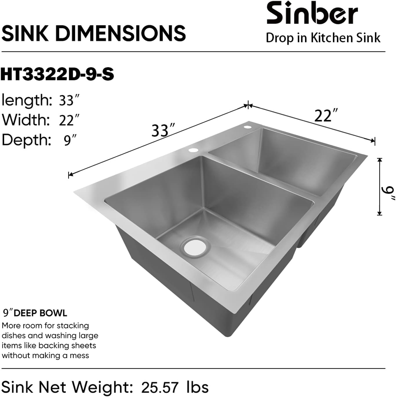 Sinber HT3322D-9-S 33' x 22' x 9' Drop In Double Bowl Kitchen Sink with 18 Gauge 304 Stainless Steel Satin Finish (Sink Only)