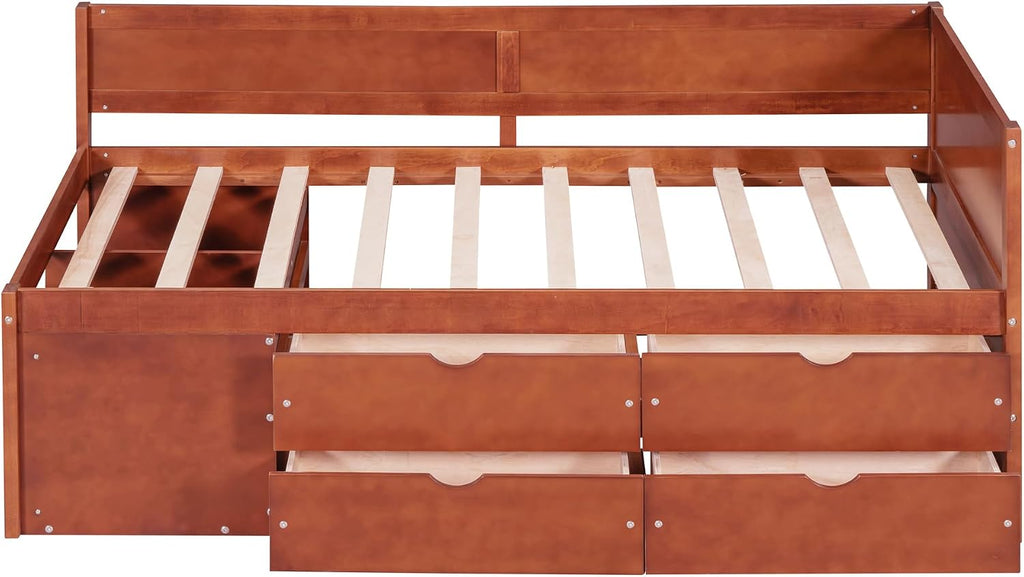 Harper & Bright Designs Twin Corner Bed Frame with Drawers and Shelves,Wood Daybed with L Shape Heaboard,Floor Storage Platform Bed Frame for Bedroom Living Room,Walnut