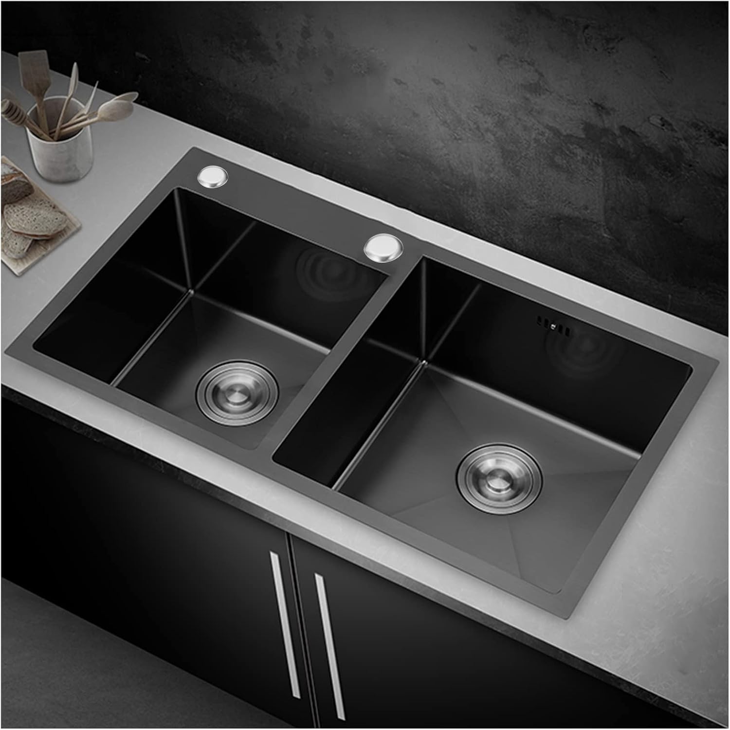 Black Double Bowl Kitchen Bar Sink 304 Stainless Steel Square Bar & Prep Sink RV Sink with Downpipe and Drain Top Mount Or Undermount (Color : Black, Size : 75x42x22cm)