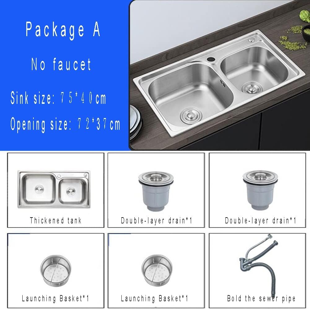 Double Bowl Kitchen Sink 2-Hole Drop-in, 304 Stainless Steel Handmade Bar Prep Sink with Strainer, Top-Mount Workstation Sink,SilverA-75x40cm