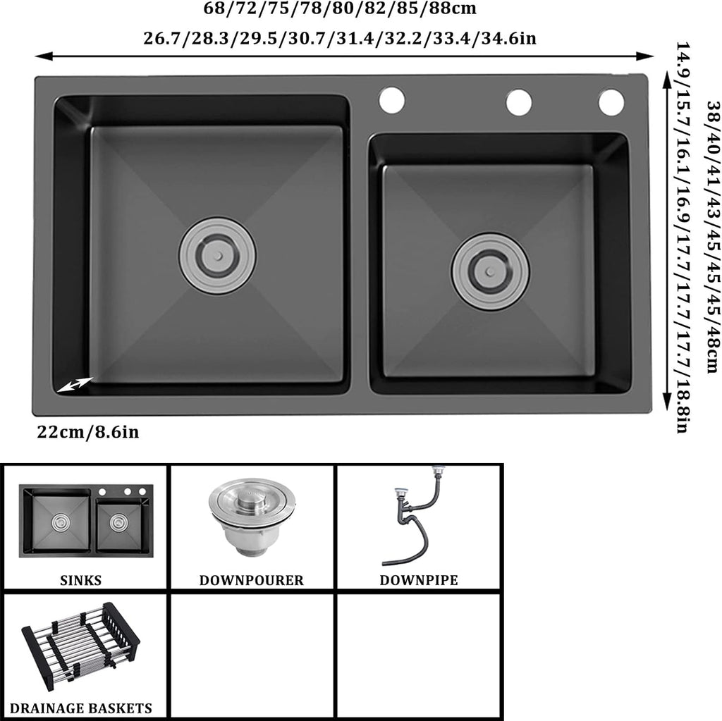 Generic Matte Black Double Bowl Kitchen Sink 304 Stainless Steel Square Bar & Prep Sink RV Sink with Downpipe and Drain Top Mount Or Undermount (Color : Black, Size : 82x45x22cm)