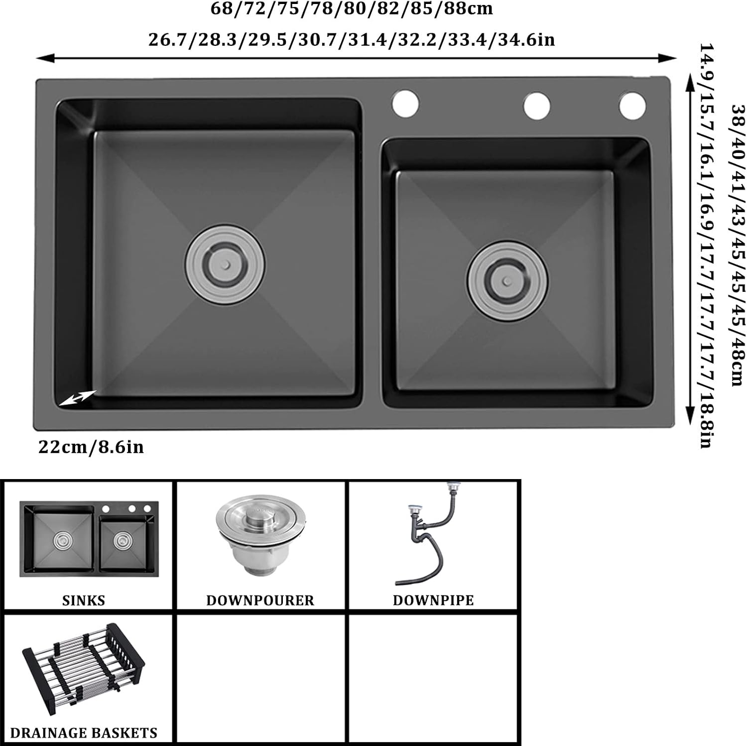 Generic Matte Black Double Bowl Kitchen Sink 304 Stainless Steel Square Bar & Prep Sink RV Sink with Downpipe and Drain Top Mount Or Undermount (Color : Black, Size : 82x45x22cm)