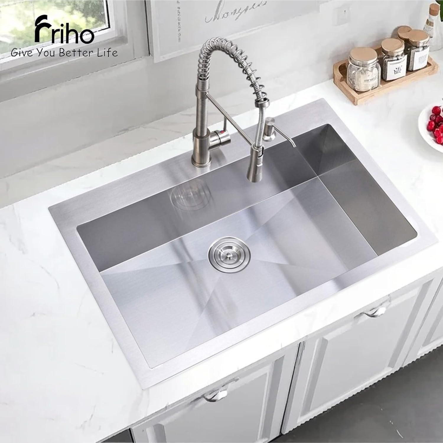 Friho 28 Inch Drop in Kitchen Sink, 28x18 Topmount Commercial Handmade 16 Gauge Single Bowl Stainless Steel Sink with Basket Strainer