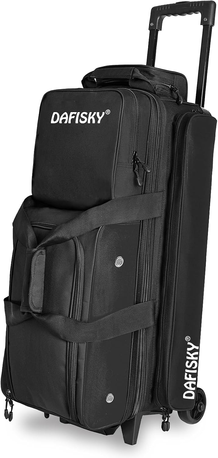 DAFISKY 3 Ball Bowling Bags with Wheels, Roller Bowling Bag with Multiple Pockets Retractable Handle Extends to 38''