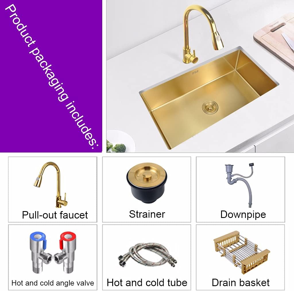 Kitchen Sink Golden Square 304 Stainless Steel Sink Single Bowl Bar Counter Ready with Pull-Out Faucet and Drain Pipe Drop-in Or Undermount (Color : Gold, Size : 45×40cm) (Gold 45×40cm)