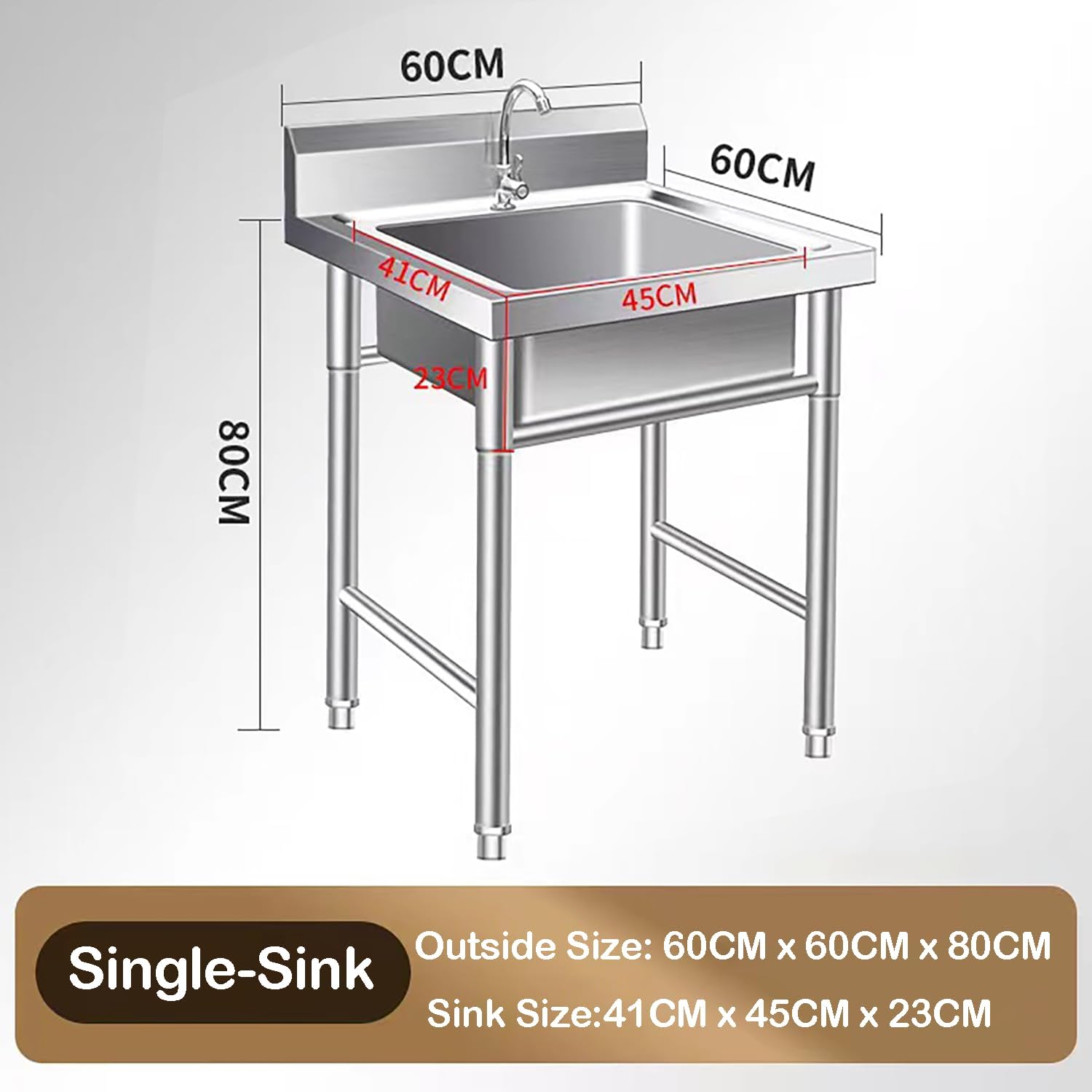 Free Standing Stainless-Steel Single Bowl Restaurant Kitchen Sink Set W/Hot And Cold Water Faucets Commercial Utility Sink,Commerical, Outdoor, Garage, Laundry Room Use,Single sink,60 * 60
