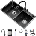 Black Double Bowl Kitchen Sink Stainless Steel Bar Sink Drop-in Workstation Sink with Pull-Out Faucet and Complete Accessory Set (Color : Black, Size : 75x41x21cm) (Black 72x40x21cm)
