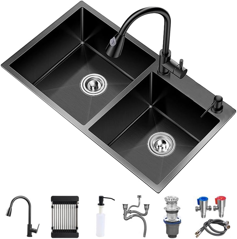 Black Double Bowl Kitchen Sink Stainless Steel Bar Sink Drop-in Workstation Sink with Pull-Out Faucet and Complete Accessory Set (Color : Black, Size : 75x41x21cm) (Black 72x40x21cm)