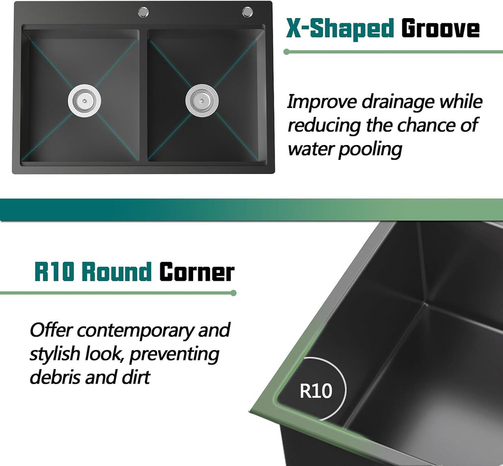 Black 50/50 Double Bowl Kitchen Workstation Sink, 33'x22' Stainless Steel Drop In Kitchen Sink Easy To Multitasking With Cutting Board,Drying Rack,Silicon Mat,Sink Grid And Drain Assembly
