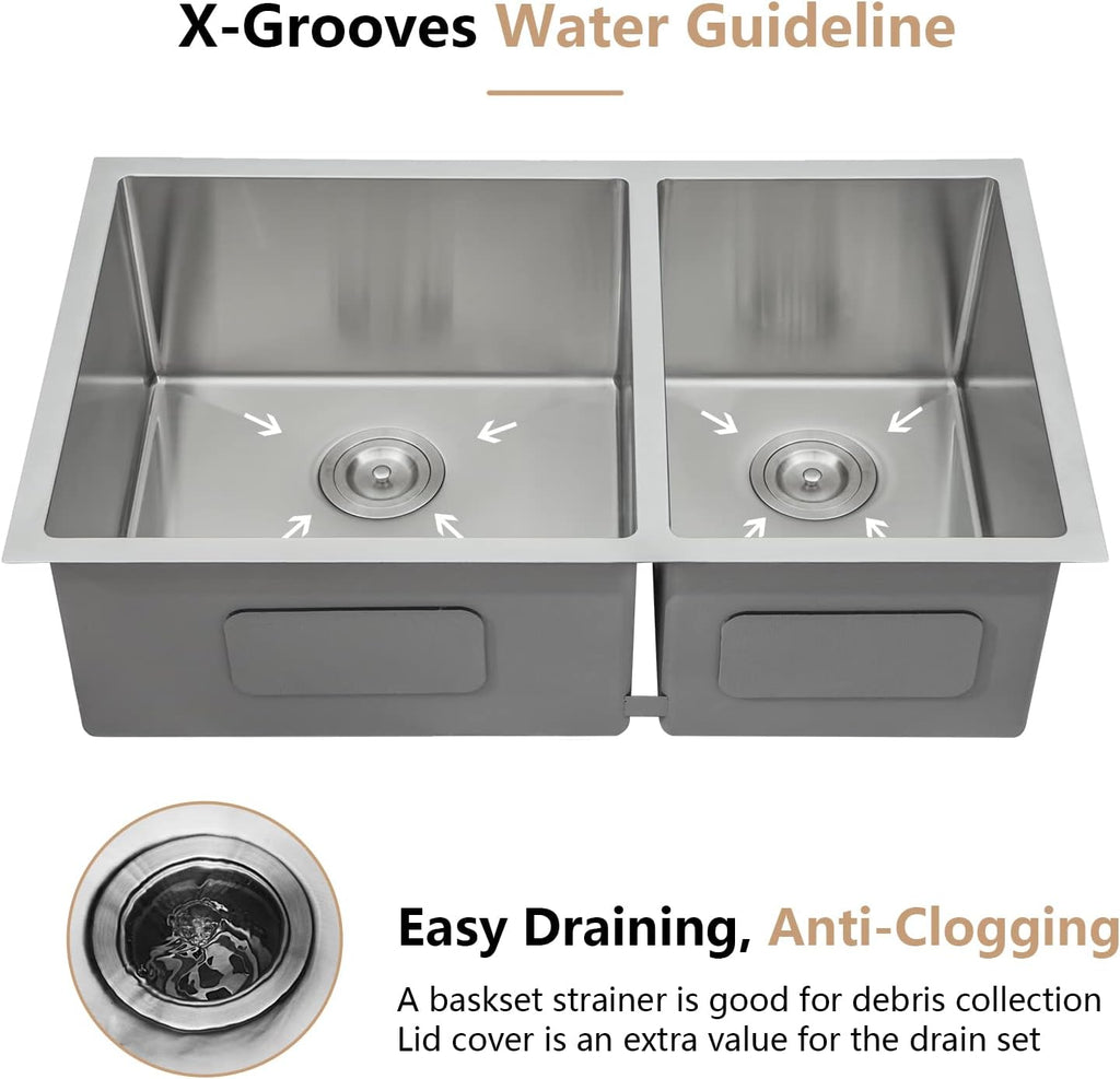 Dcolora 33 Inch Undermount Double Bowl Kitchen Sink 60/40 Split 16 Gauge 304 Stainless Steel Large Double Sinks, 33'x19'x10 Rounder Corner, DC-U7730