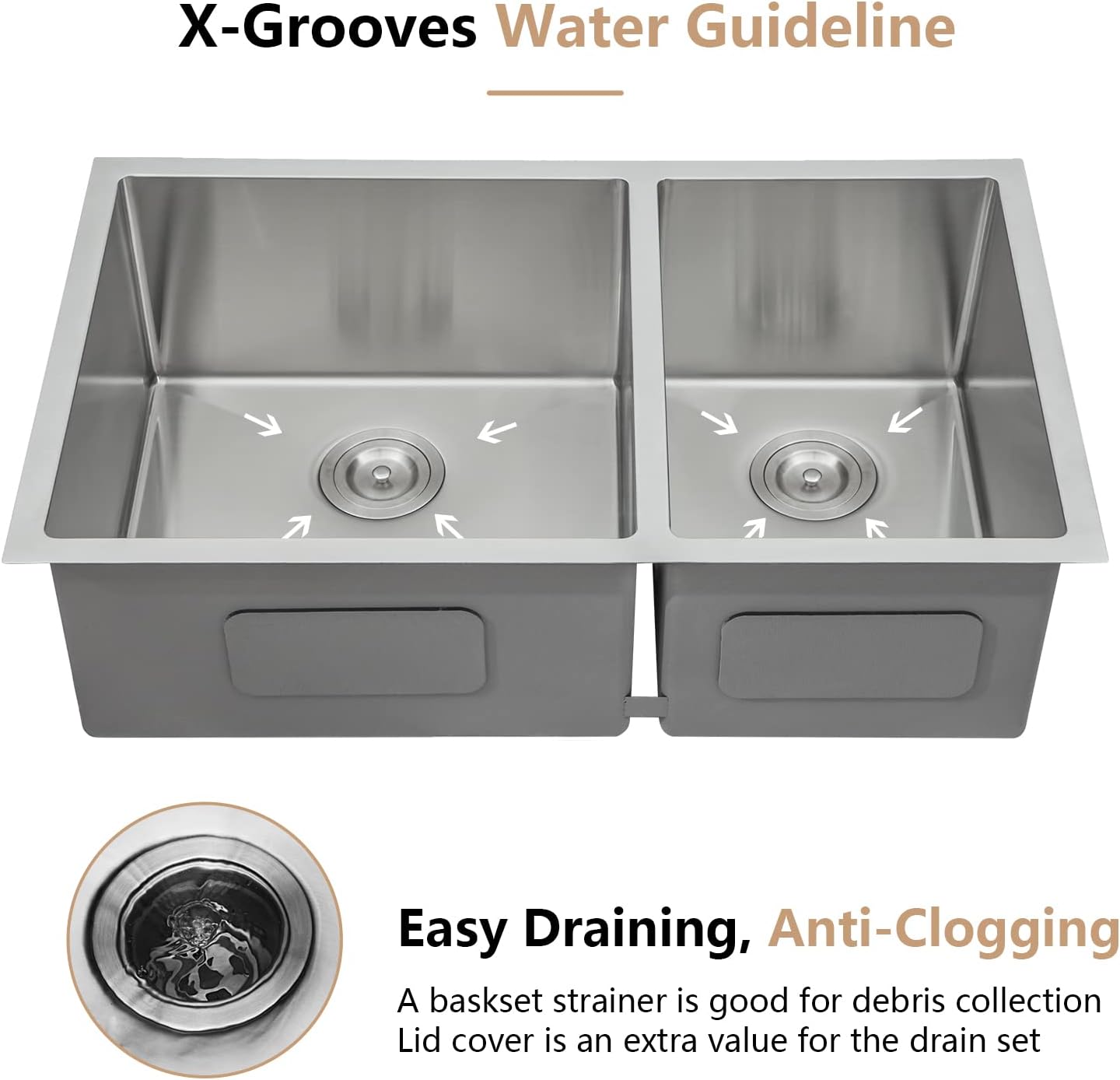 Dcolora 33 Inch Undermount Double Bowl Kitchen Sink 60/40 Split 16 Gauge 304 Stainless Steel Large Double Sinks, 33'x19'x10 Rounder Corner, DC-U7730