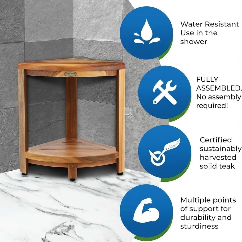 EcoDecors Fully Assembled SnazzyCorner® 18' Teak Shower Bench, Corner Shower Stool, w Shelf in Earthy Teak Finish, Compact Fit for Small Bathrooms & Walk-in Showers – Slip-Resistant Feet, Sauna Bench