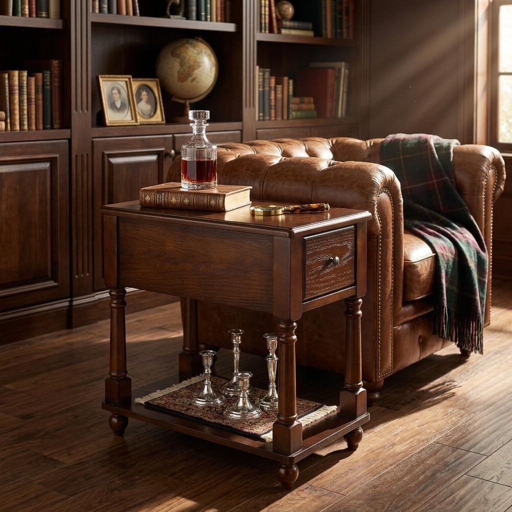 Narrow End Table with Drawer and Storage Shelf, Solid Wood Sofa Side Tables for Living Room, Slim Beside Table-, Vintage Telephone Tabless for Small Spaces, No-Tools Assembly Vintage Walnut BBJ004DWA