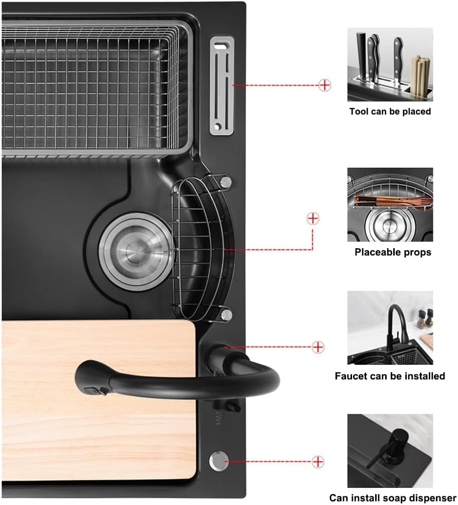 Single Bowl Bar Prep Kitchen Sink Stainless Steel Kitchen RV Sink Drop in Or with Pull Out Faucet & Drain Assembly (Black 78x48x22cm)