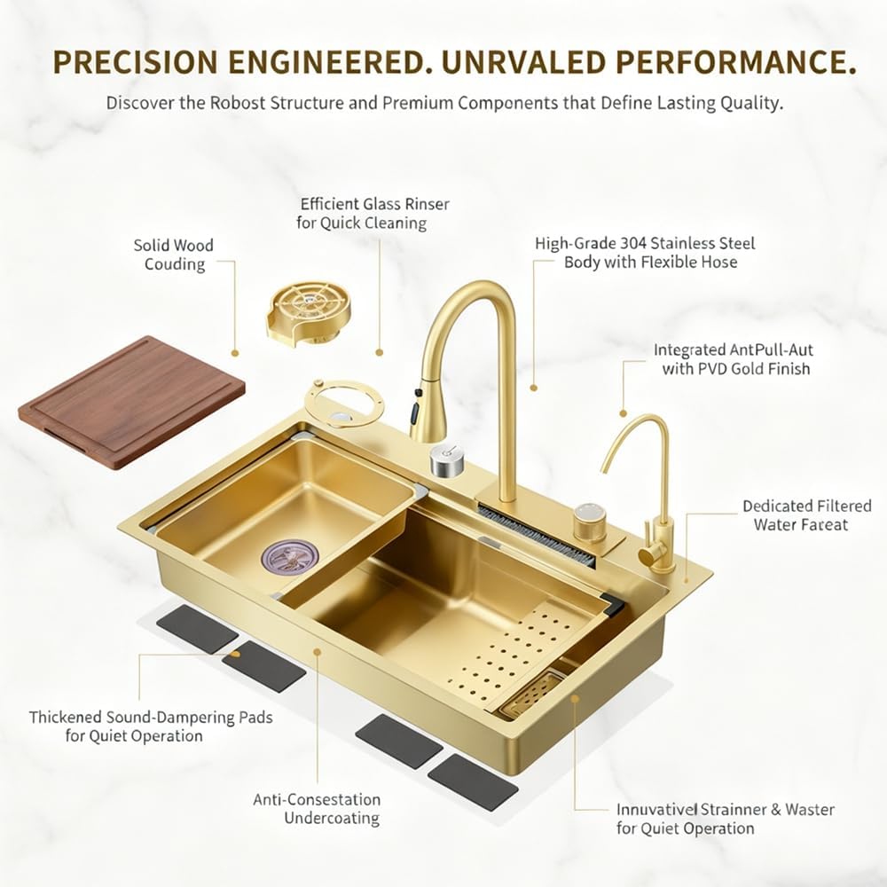 Gold Nano Stainless Steel Kitchen Sink - Single Bowl Workstation with Integrated Waterfall Pull-Out Faucet & Complete Accessory Set (29.5 X 17.7 Inch)