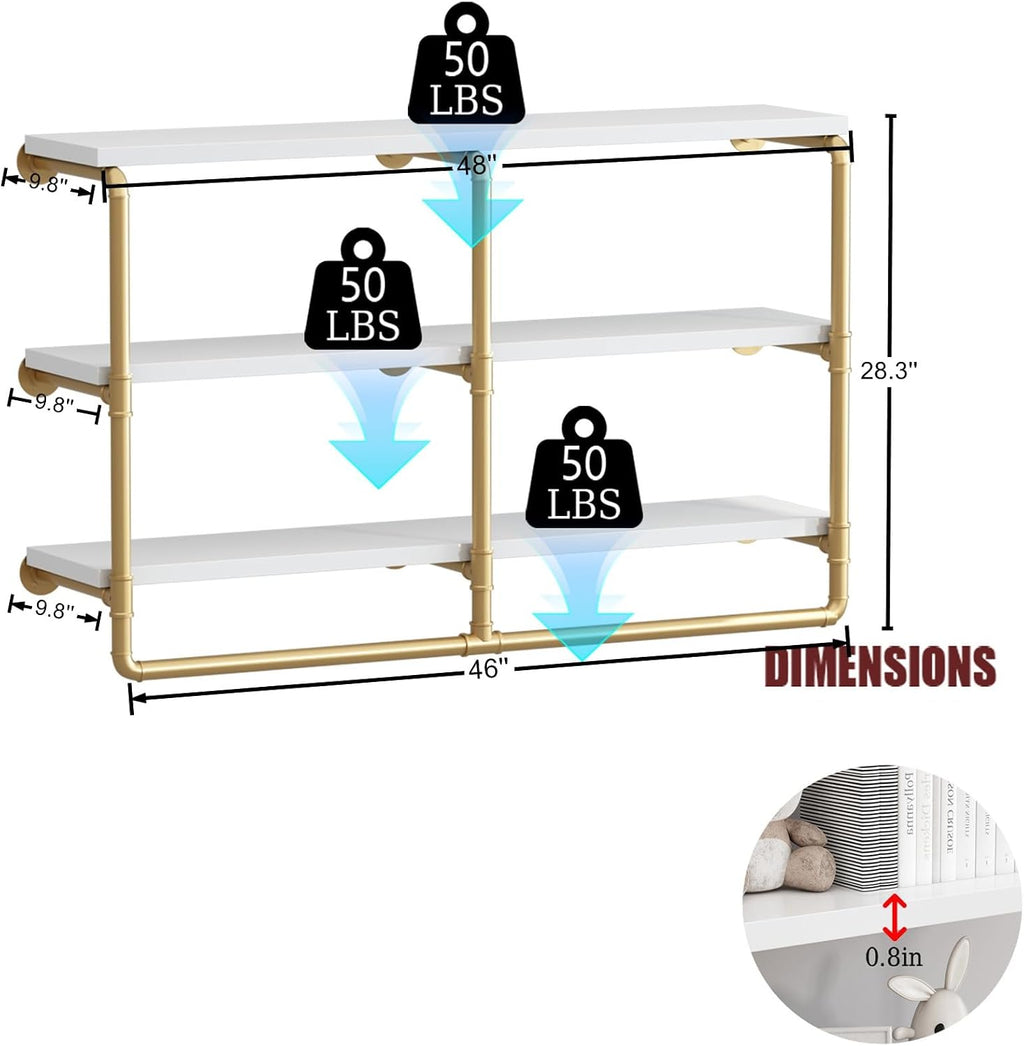 HOMEKAYT 48'' Industrial Pipe Shelving Floating Wall Shelves 3 Tier Gold Shelves Multiple Use for Kitchen, Bedroom,Living Room,Bathroom
