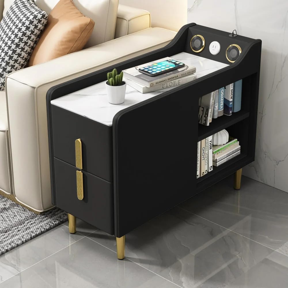 LOVEDIMA Narrow Bedside Table, Slim End Tables with Built-in Outlets, Sintered Stone Top End Table with Speaker & USB Port, Skinny Table for Small Spaces Living Room, Bedroom