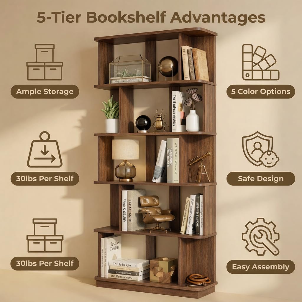 5-Tier Tall Bookshelf, Narrow Wood Bookcase, Dark Brown | 64.56' freestanding open display shelf for books, décor, and storage in living rooms, bedrooms, or home offices