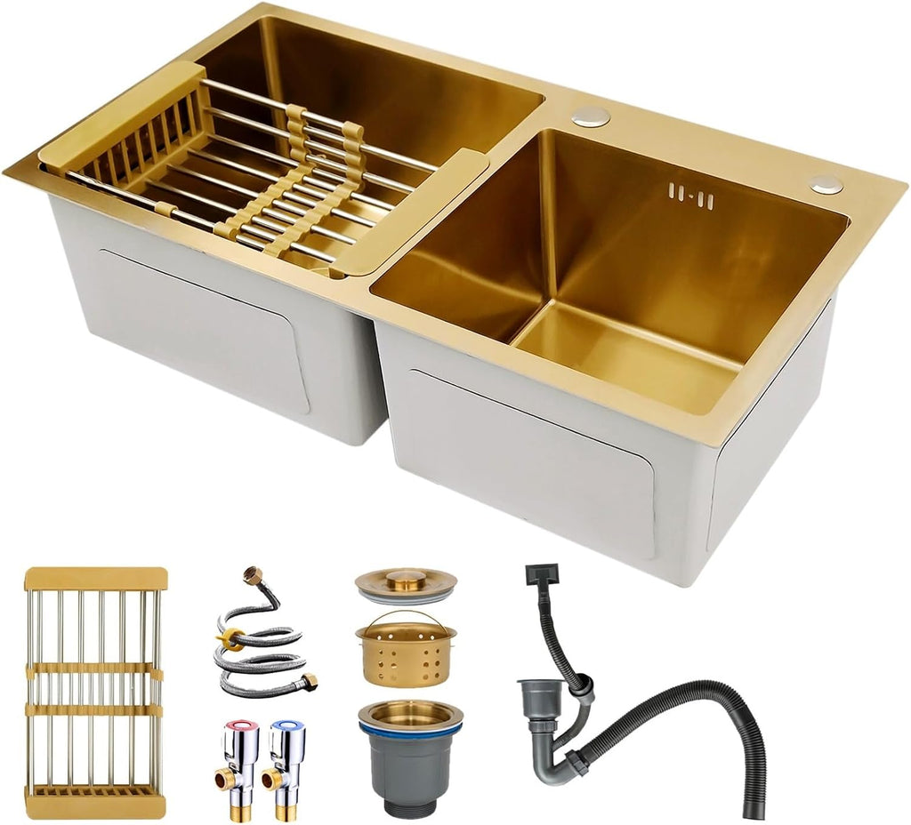 Stainless Steel Double Bowl Kitchen Sink, Drop-In Workstation Sink, With Retractable Drain Basket, Drain Sets Included, Large Undermount Farmhouse Sink, Top-Mount Kitchen Bar Sink(B,75x40x22cm)