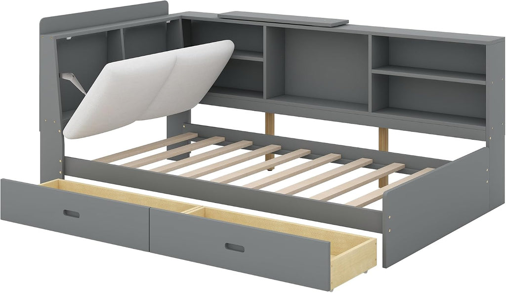 Merax Twin Size Corner Bed Frame with Storage and Upholsetered Headboard, Wood Kids Twin Daybed Frame with Drawers and Shelves, Twin Size Corner Daybed for Kids Room, Twin with Drawers, Grey