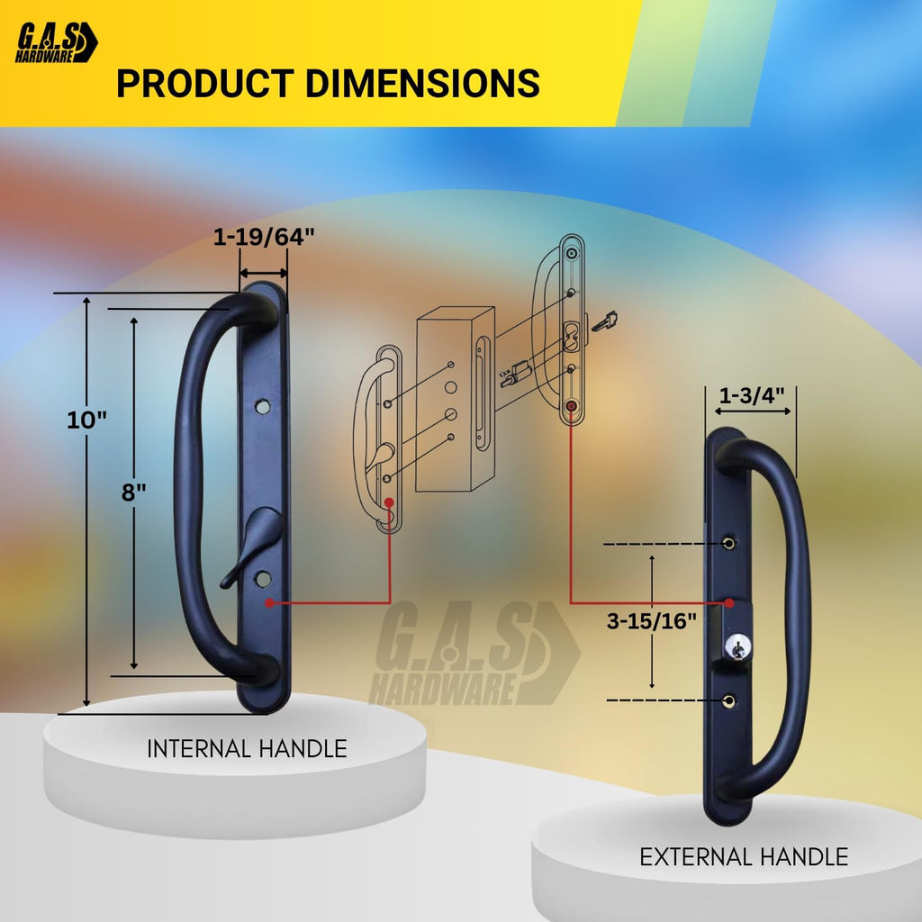 10' Olympus Sliding Patio Glass Door Black Offset Pull Handle Set Replacement with Keys fits 3 ¹⁵/₁₆ inches Hole Spacing, and 1-1/4' to 2-1/4' Door Thickness