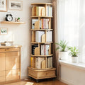 360° 6 Tier Rotating Bookshelf with Drawer and Wheels, Tall Bookcase for Small Spaces, Corner Shelf for Bedroom, Living Room, Office, Wood Bookshelf, Natural