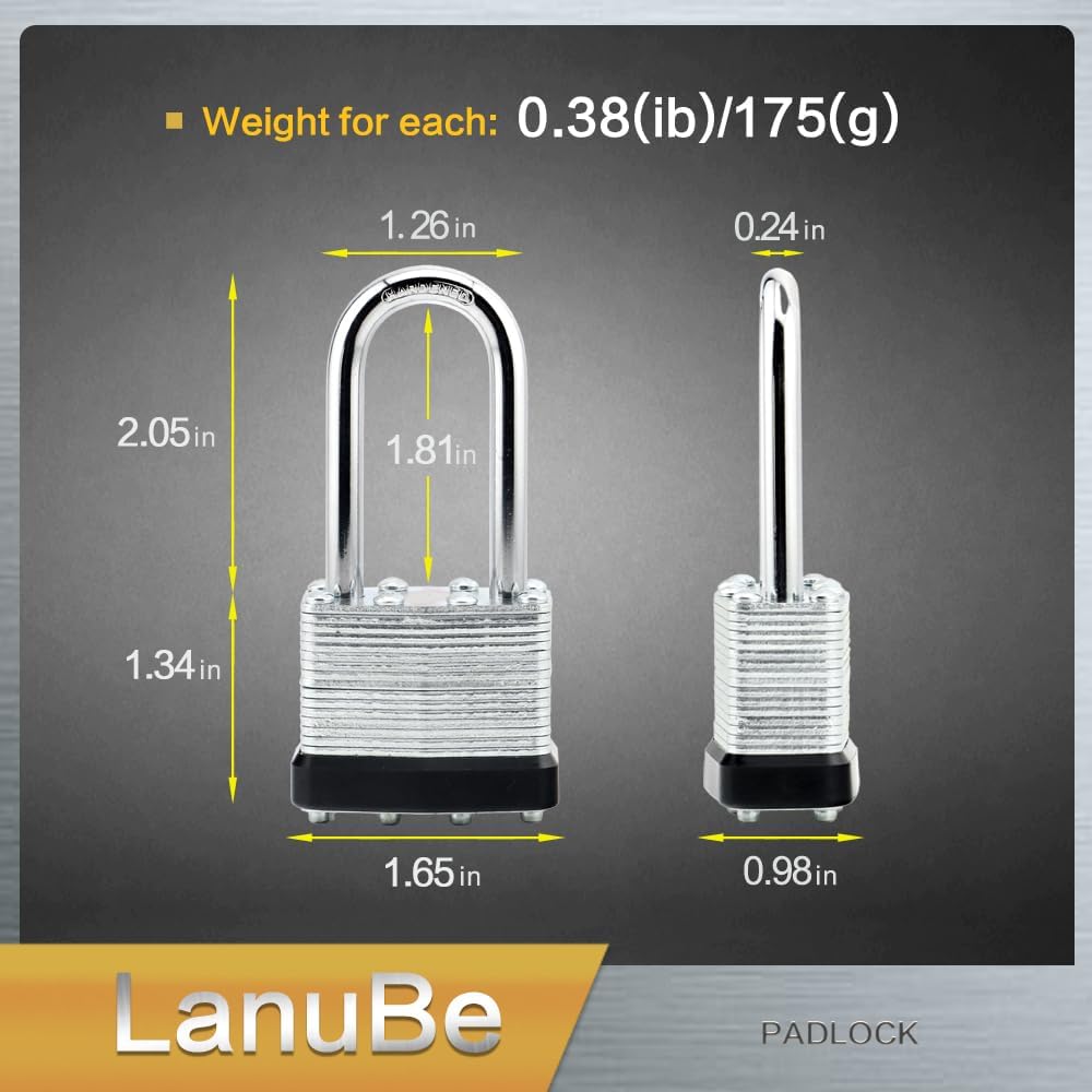LanuBe Lock Laminated keyed Padlock (1-9/16', 40mm), keyed Alike Locks, Long Shackle,Marked Black Plastic Hoop, Pack of 48