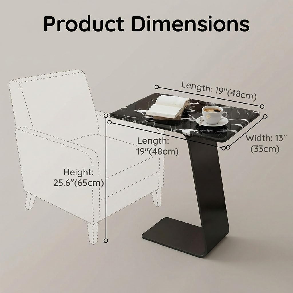 25.5-Inch High C-Shaped End Table with Marble Top & Black Metal Frame, Modern Space-Saving Sofa Side Table for Living Room, Bedroom, Small Spaces(D)