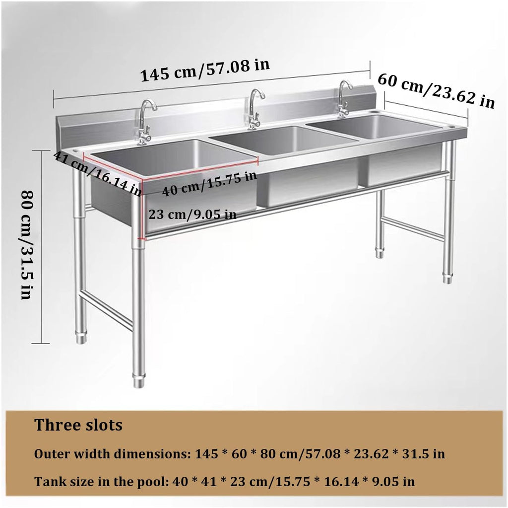 Commercial Catering Sink with Single Cold Water Faucet Standing Single Bowl for Garage Laundry Room and Outdoor Restaurant 175 * 60 * 80 cm,Triple Bowl-145 * 60 * 80 cm