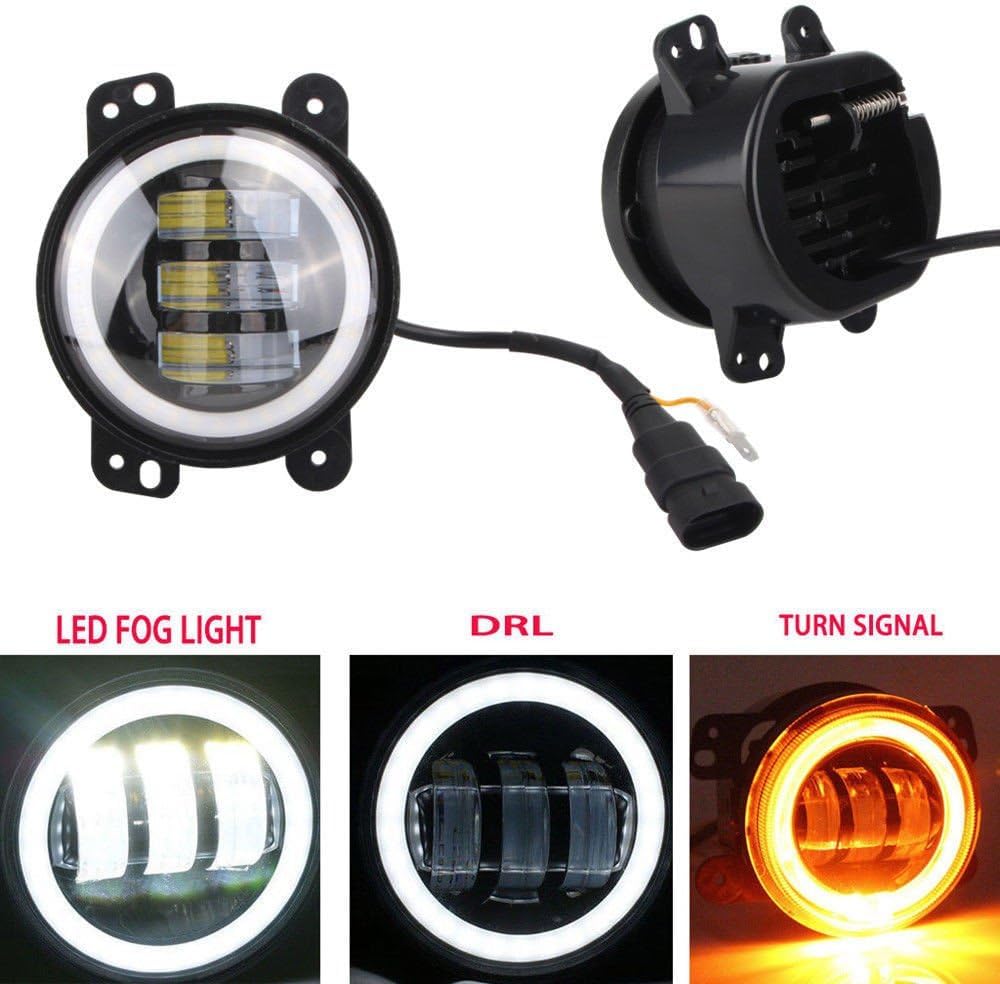 4 Inch 60 W 6000 LM LED Fog Light Bulbs 2 Pieces Kit with Halo White DRL + Amber Indicator Black,10,2 cm