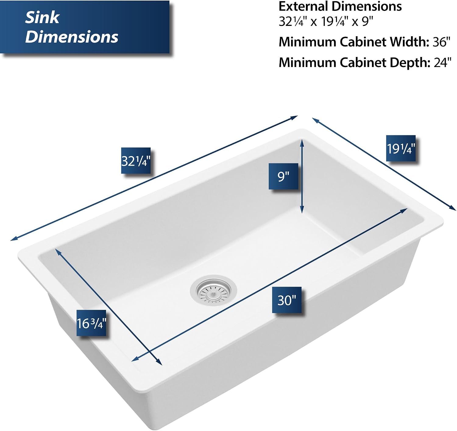 Karran Undermount 33' Large Single Bowl Granite Quartz Composite Kitchen Sink in Concrete – Extra Deep 9' Basin, Heat & Scratch Resistant, Sound Dampening, Rear Drain – QU-812