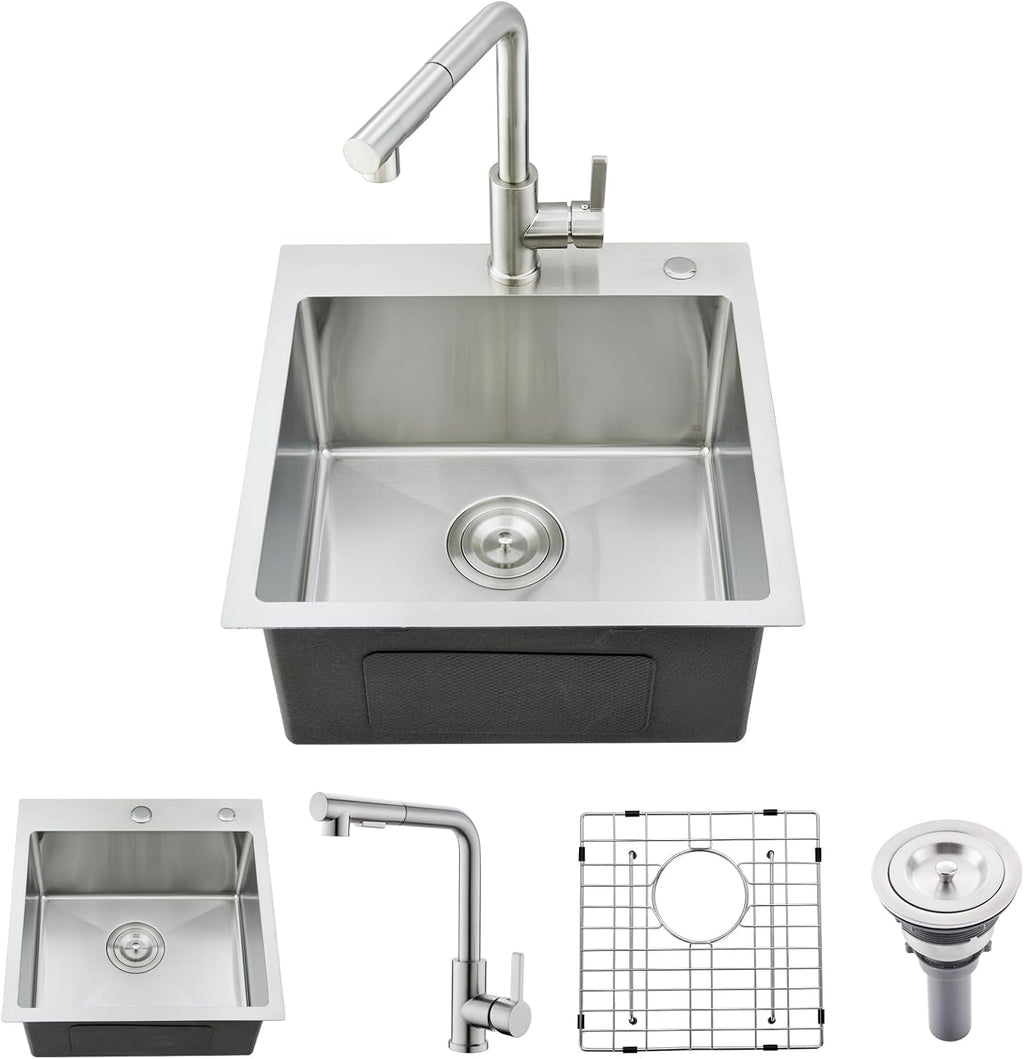 18×18 Inch Drop In Bar Sink with Faucet Combo - Stainless Steel Top Mount Single Bowl Kitchen Sink, 9 Inch Deep Small Kitchen Sink for Bar Prep, Drop In RV Sinks