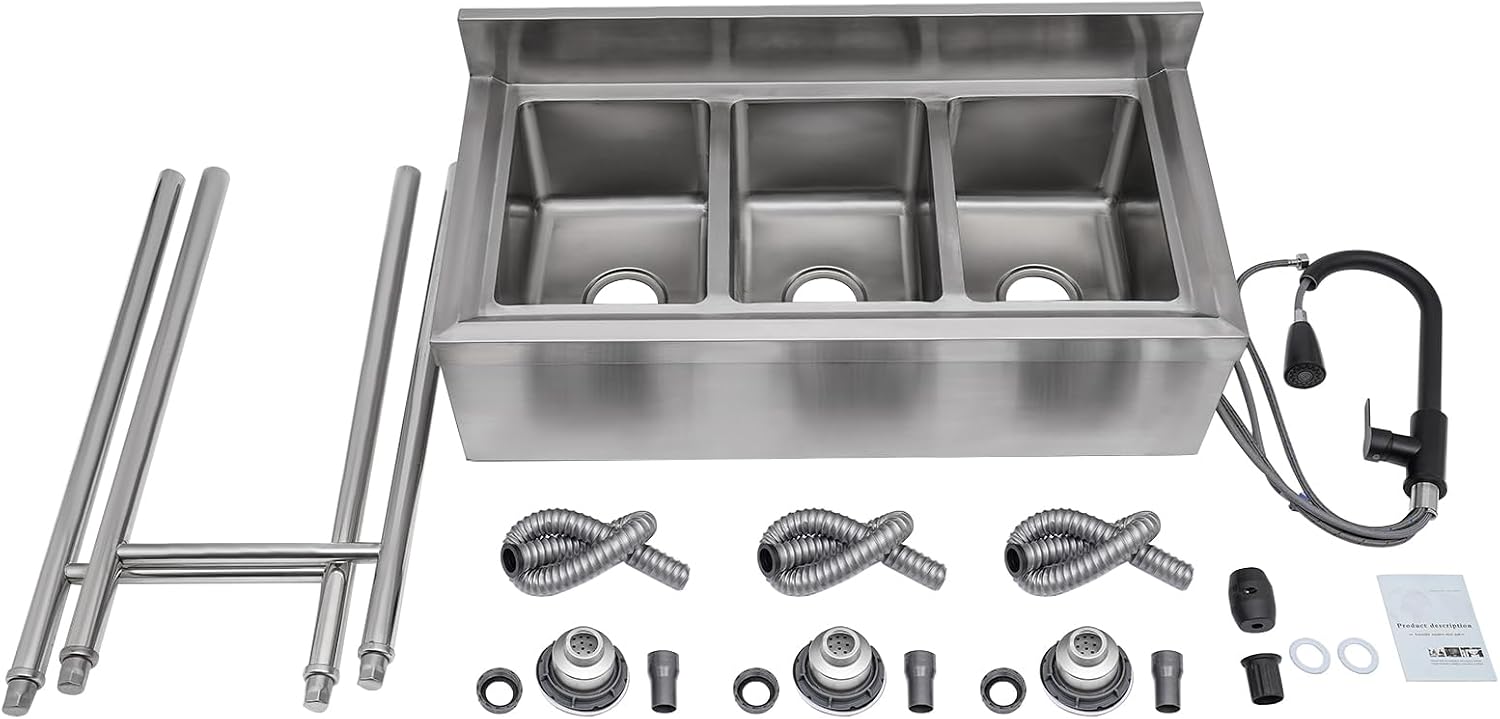 Kitchen Sink, 3 Compartment Bowl Free Standing, Commercial Sink 3 Bowl Waterfall Prep & Utility Washing Hand Basin Stainless Steel Workstation Sink with Faucet for Restaurant Bar Garage