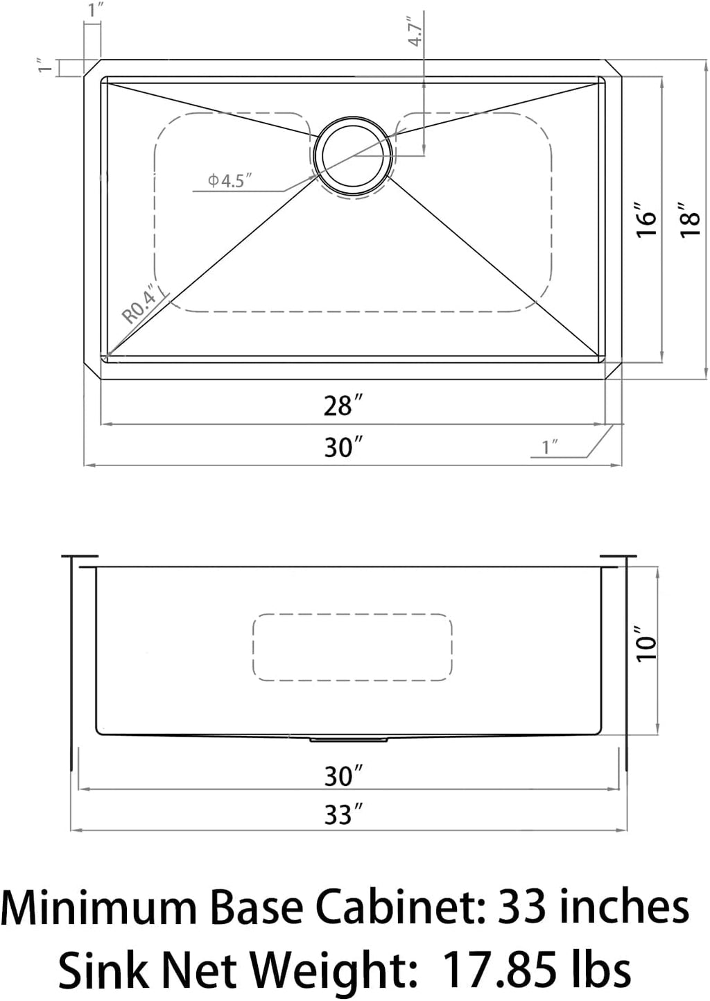 Sinber HU3018S 30' x 18' x 10' Undermount Single Bowl Kitchen Sink with 18 Gauge 304 Stainless Steel Satin Finish