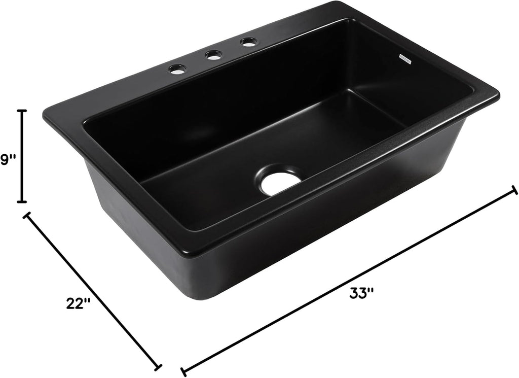 Sinkology Jackson 33 Inch Drop-In Fireclay Kitchen Sink Matte Black Single Bowl – Deep Basin, 3 Pre-Drilled Faucet Holes, Fits 36 Inch Cabinet