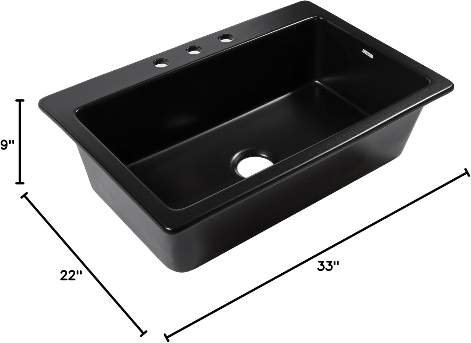 Sinkology Jackson 33 Inch Drop-In Fireclay Kitchen Sink Matte Black Single Bowl – Deep Basin, 3 Pre-Drilled Faucet Holes, Fits 36 Inch Cabinet