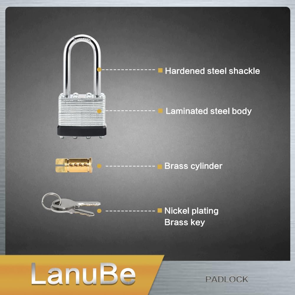 LanuBe Lock Laminated keyed Padlock (1-9/16', 40mm), keyed Alike Locks, Long Shackle,Marked Black Plastic Hoop, Pack of 48