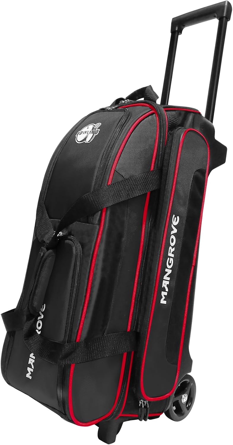 Mangrove 3 Ball Bowling Bag with Wheels & Shoe Compartment, Deluxe Bowling Ball Bag 3 Ball Roller, Rolling Triple-Ball Bag w/Accessory Pocket & Retractable Handle Extends to 40''