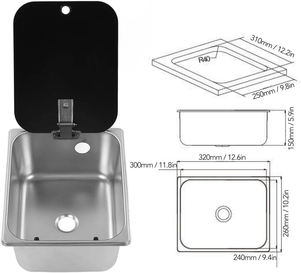 RV Kitchen Sink, Stainless Steel Single Bowl Hand Wash Basin with Tempered Glass Cover, Square Undermount Single Bowl Kitchen Sink for Camper Van Yacht