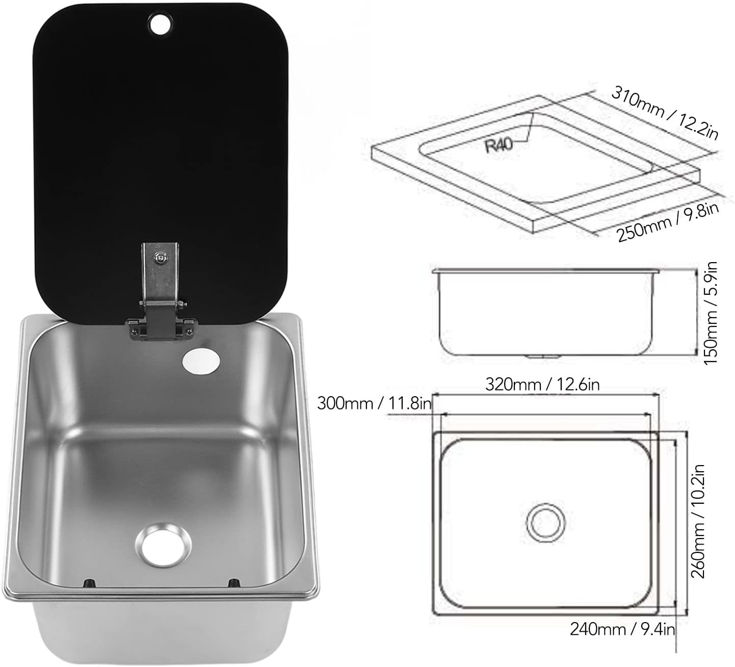 RV Kitchen Sink, Stainless Steel Single Bowl Hand Wash Basin with Tempered Glass Cover, Square Undermount Single Bowl Kitchen Sink for Camper Van Yacht
