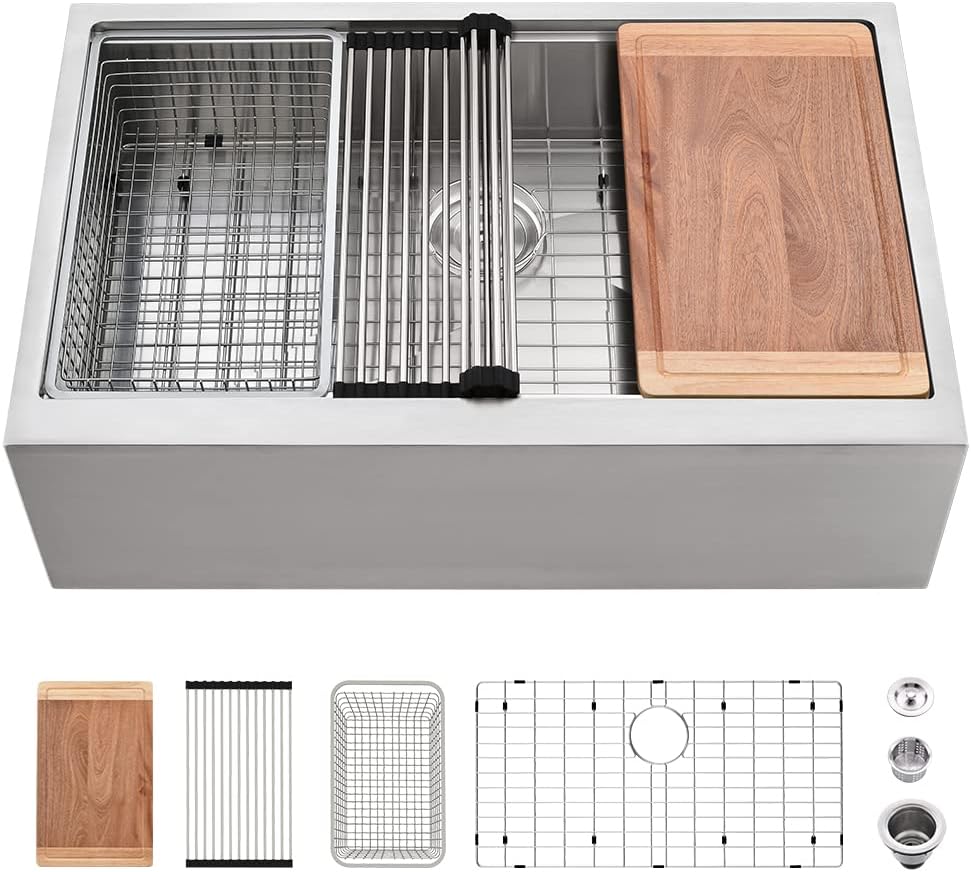 Stainless Steel Farmhouse Sink Workstation-VASOYO 30x22 Farm Sink Apron Farmhouse Kitchen Sinks Workstation 16 Gauge 304 Stainless Steel Single Bowl Kitchen Sinks Under Mount with Cutting Board