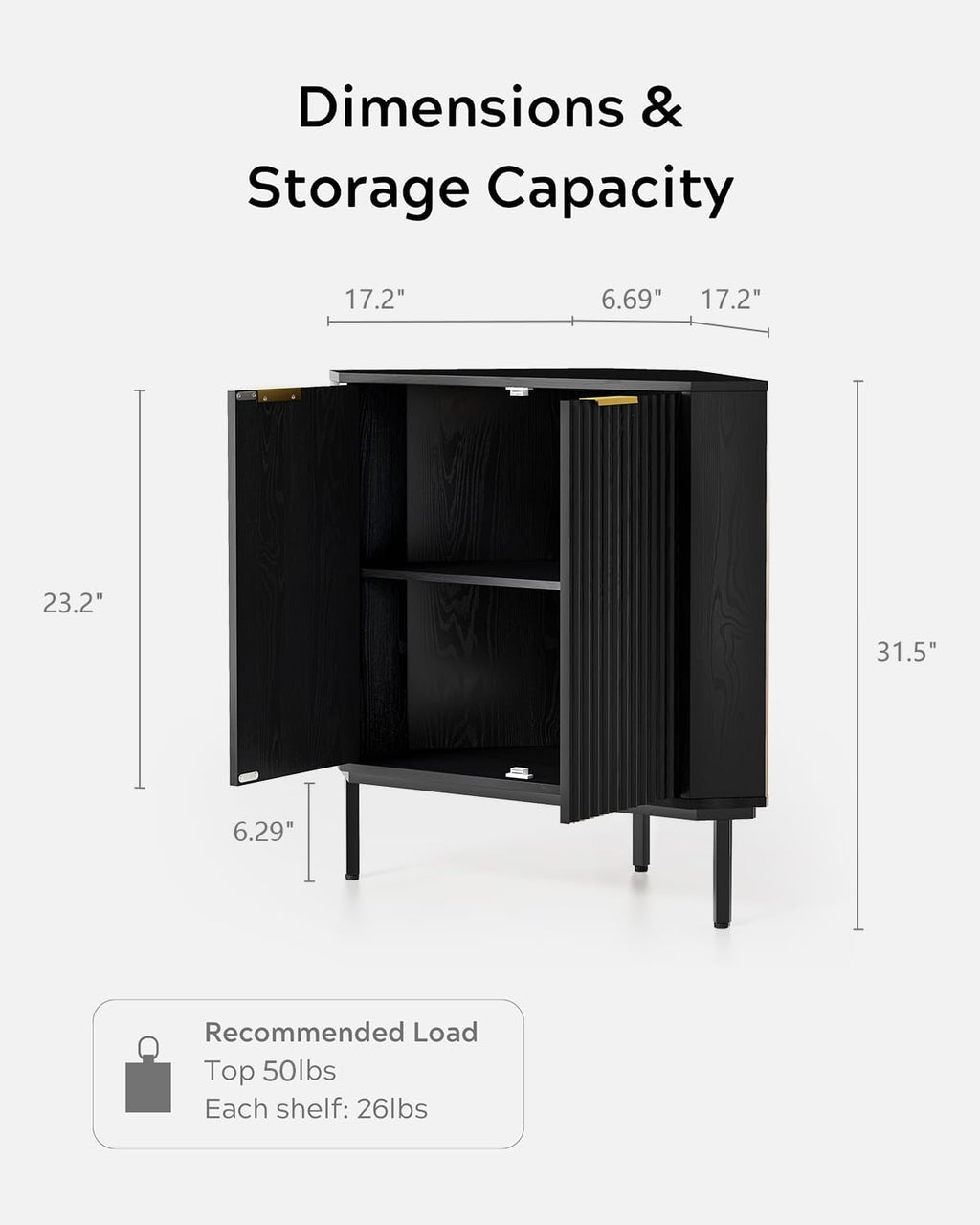 EYYTHUNG Fluted Corner Cabinet, Modern Small Corner Floor Cabinet with 2 Doors and 2-Tier Shelves, Freestanding Narrow Organizer for Living Room Kitchen Bathroom, Black