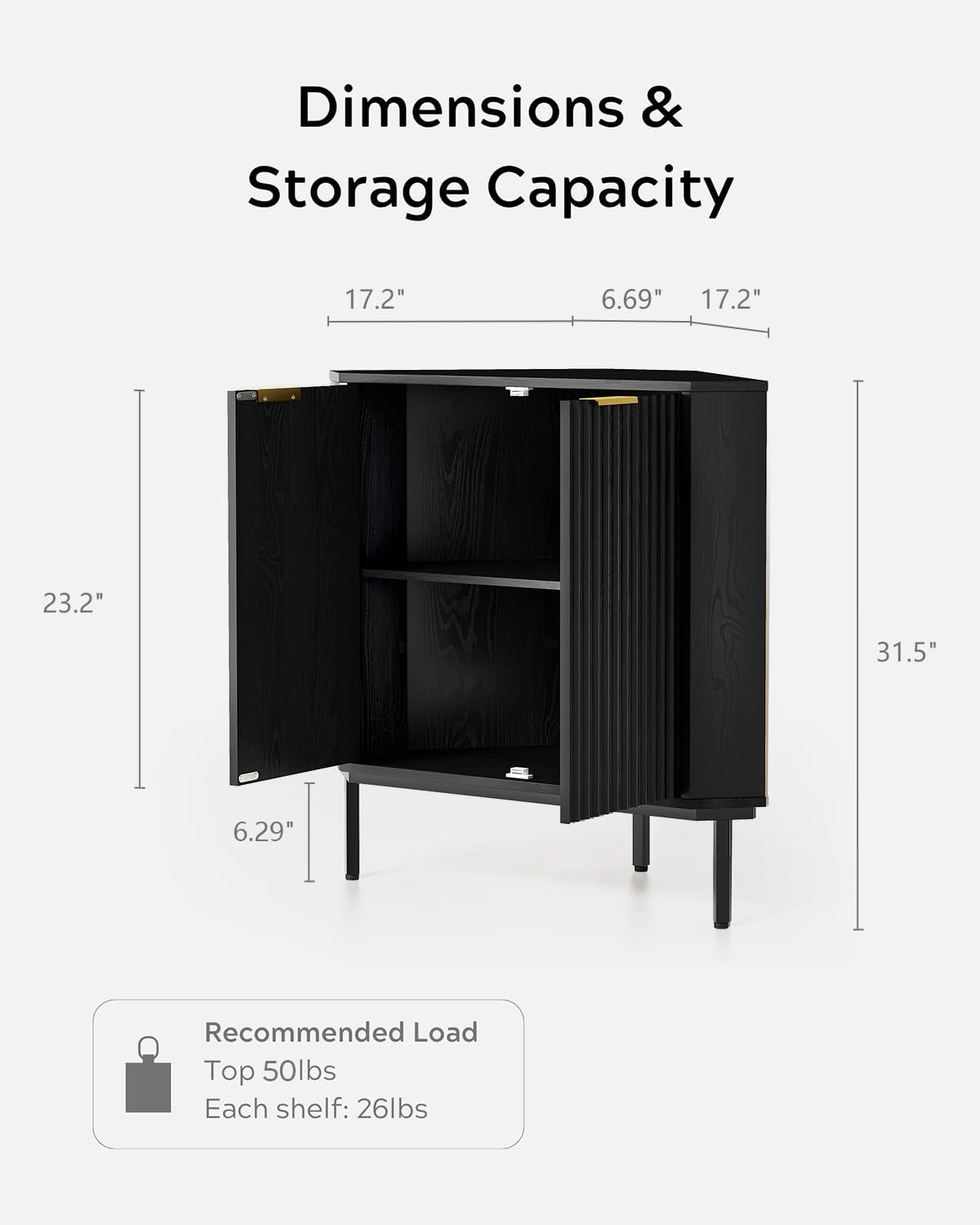 EYYTHUNG Fluted Corner Cabinet, Modern Small Corner Floor Cabinet with 2 Doors and 2-Tier Shelves, Freestanding Narrow Organizer for Living Room Kitchen Bathroom, Black