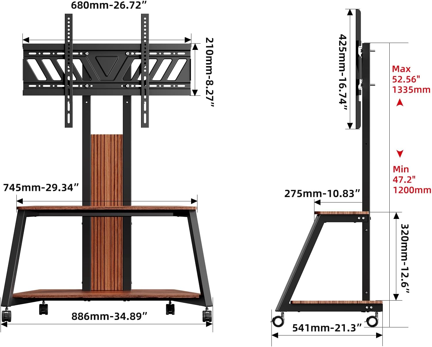 Heavy Duty Mobile TV Stand Rolling TV Cart with Wheels for 32-85 Inch Flat/Curved Led/LCD/OLED Portable Floor TV Stand with Wooden Shelves, Height Adjustable Holds up to 220lbs,Max VESA 600 x400mm