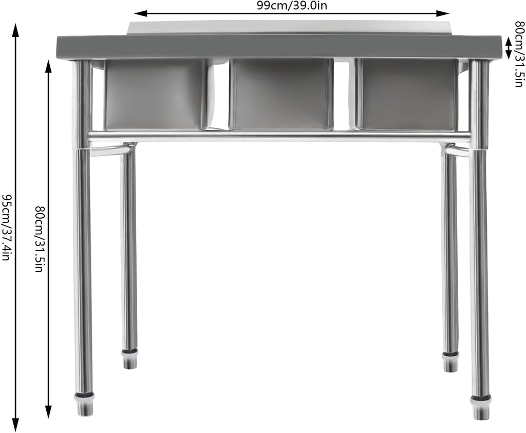 3 Compartment Commercial Stainless Steel Utility Sink Free Standing Sink Kitchen Sink with 3 Drains, 39x17.7x37.4' (3 Bowl)