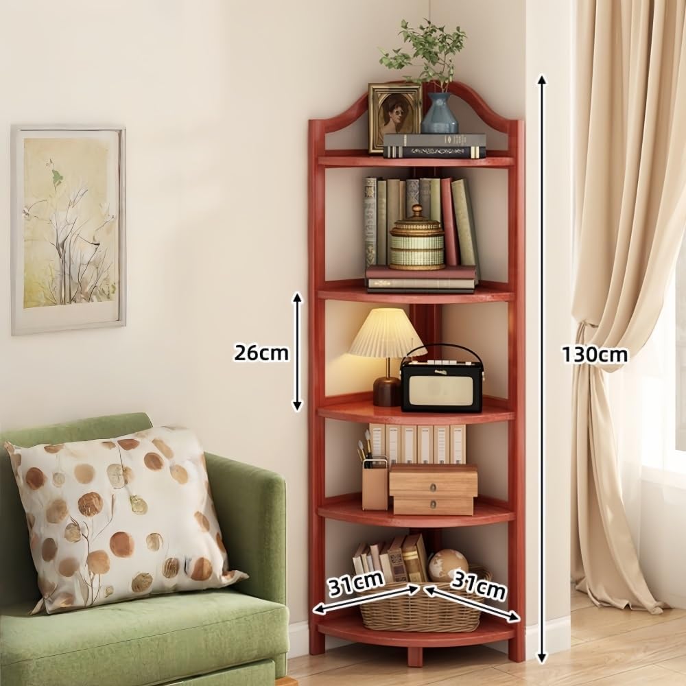 Wooden Corner Bookshelf, 3/4/5/6 Tier Tall Narrow Bookcase, Modern Corner Shelf Stand for Living Room, Bedroom, Office(Red,5th Floor: 130cm)