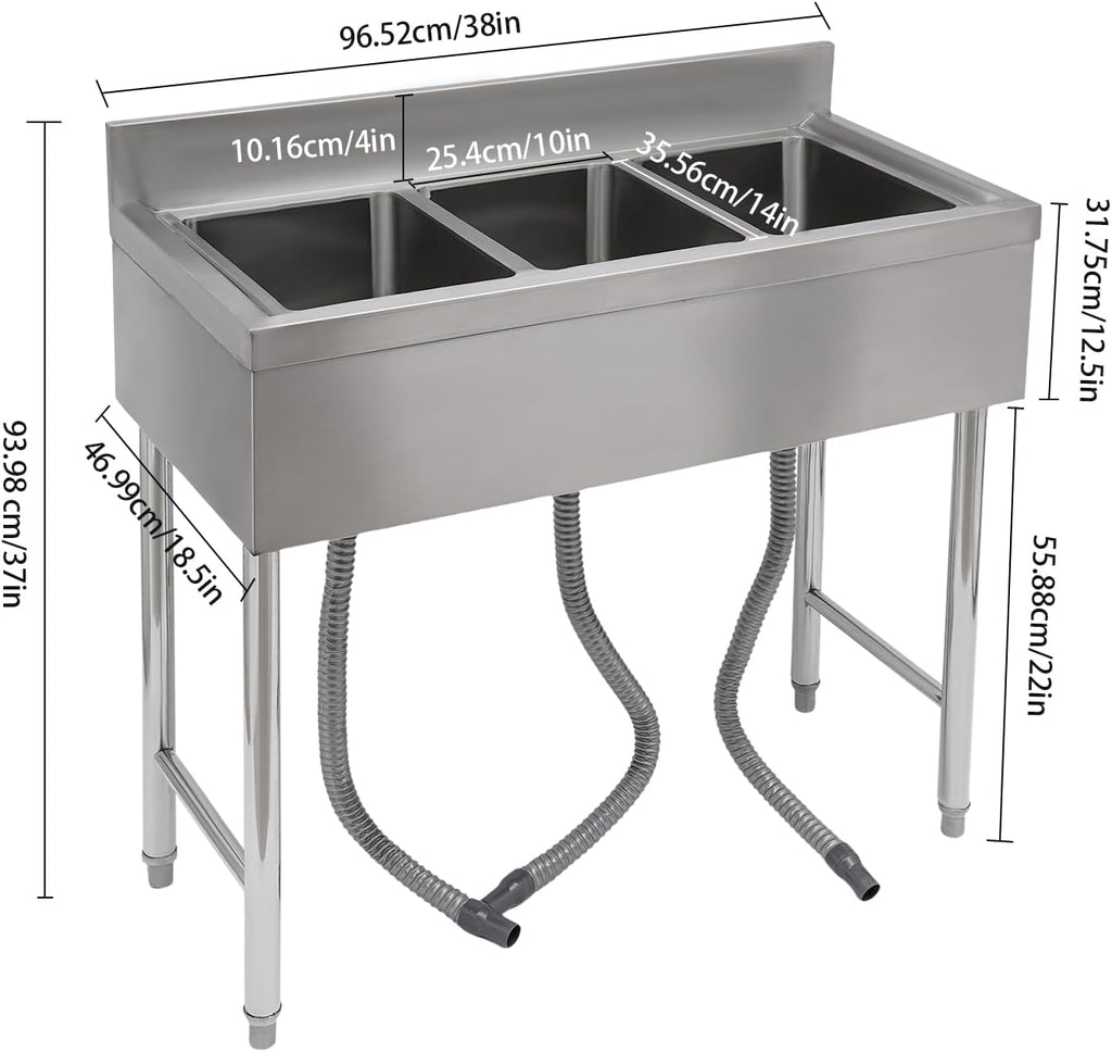 Commercial Grade 304 Stainless Steel 3-Bowl Kitchen Sink with Retractable Faucet - Heavy Duty Triple Compartment Bar Sink for Restaurants, Cafes (300kg Capacity, Spill-Proof Design)