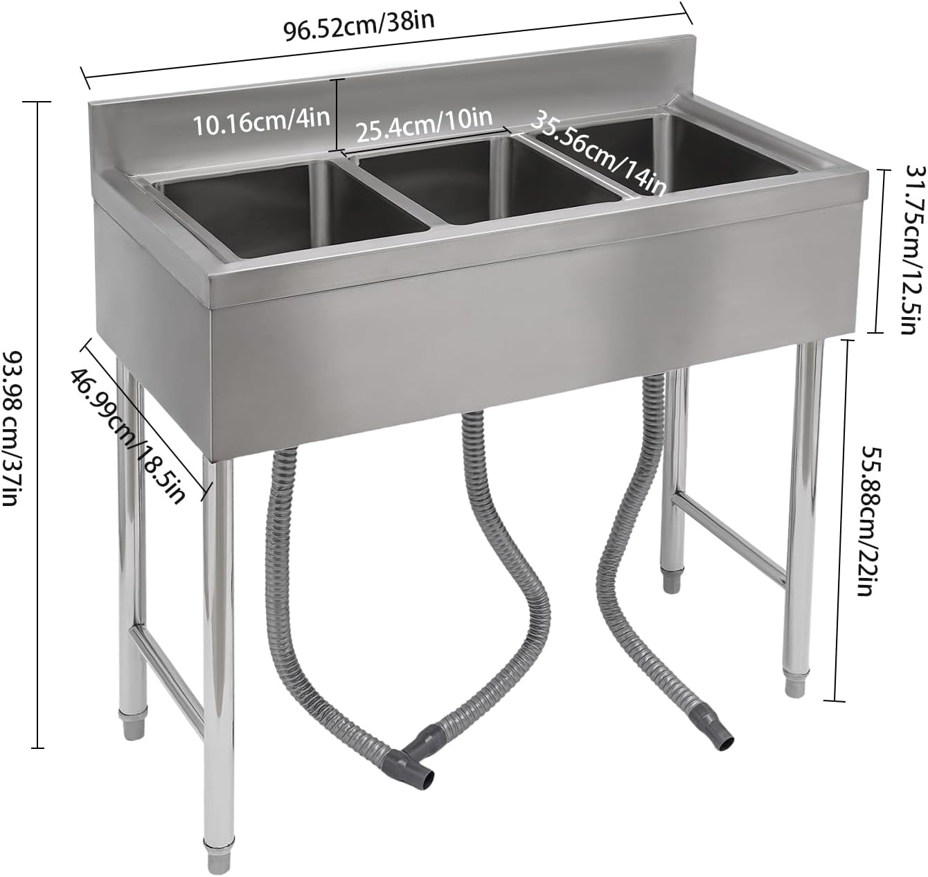 Commercial Grade 304 Stainless Steel 3-Bowl Kitchen Sink with Retractable Faucet - Heavy Duty Triple Compartment Bar Sink for Restaurants, Cafes (300kg Capacity, Spill-Proof Design)